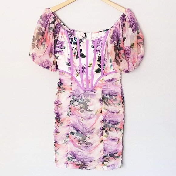 Donnee Par Dieu Corset Floral Ruched Mesh Puff Sleeve Bodycon Mini Dress Fairy M - Picture 15 of 16
